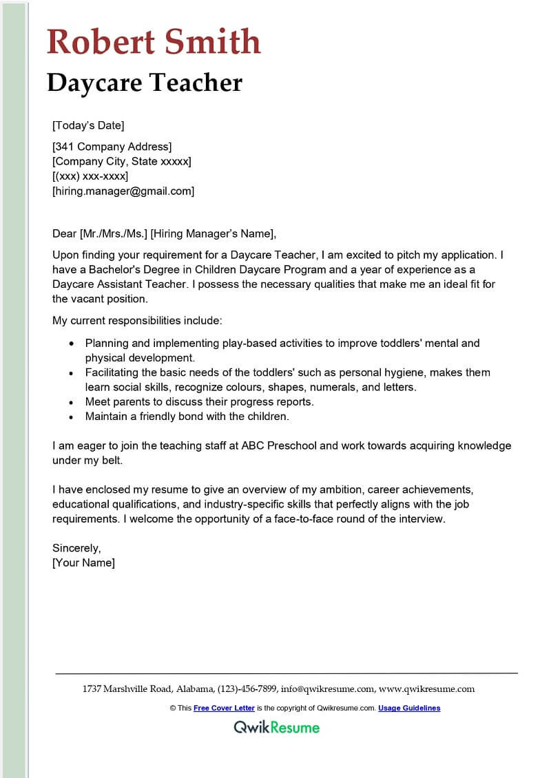 Day Care Resume Cover Letter Sample Daycare Teacher Cover Letter Examples – Qwikresume