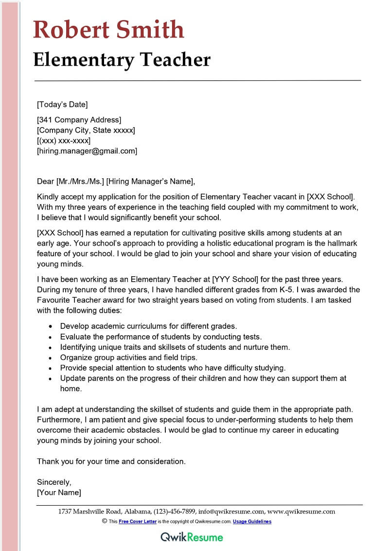 Elementary Teacher Resume Cover Letter Samples Elementary Teacher Cover Letter Examples – Qwikresume