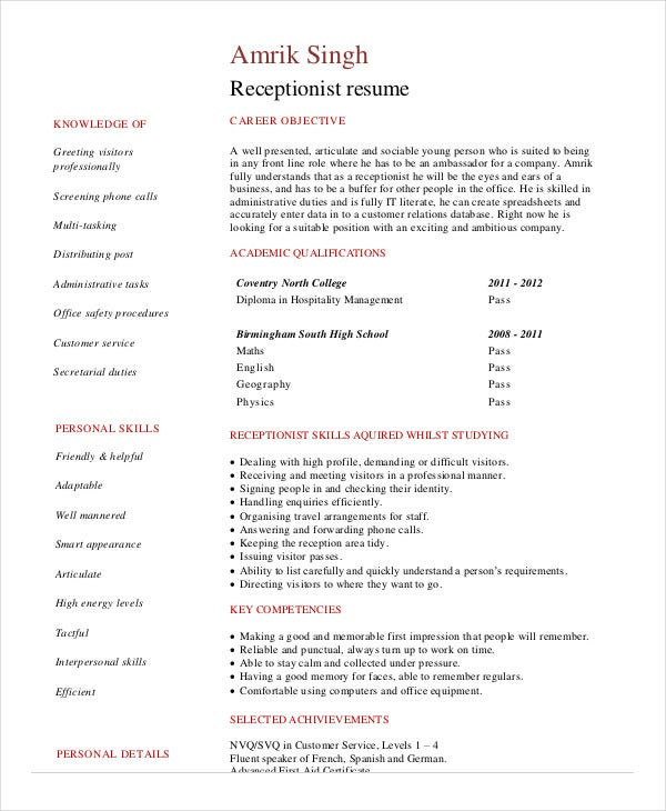 Entry Level Medical Receptionist Resume Sample 5 Medical Receptionist Resume Templates Pdf Doc