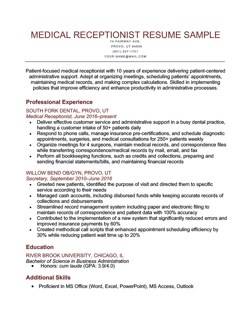 Entry Level Medical Receptionist Resume Sample Medical Receptionist Resume [sample for Download]