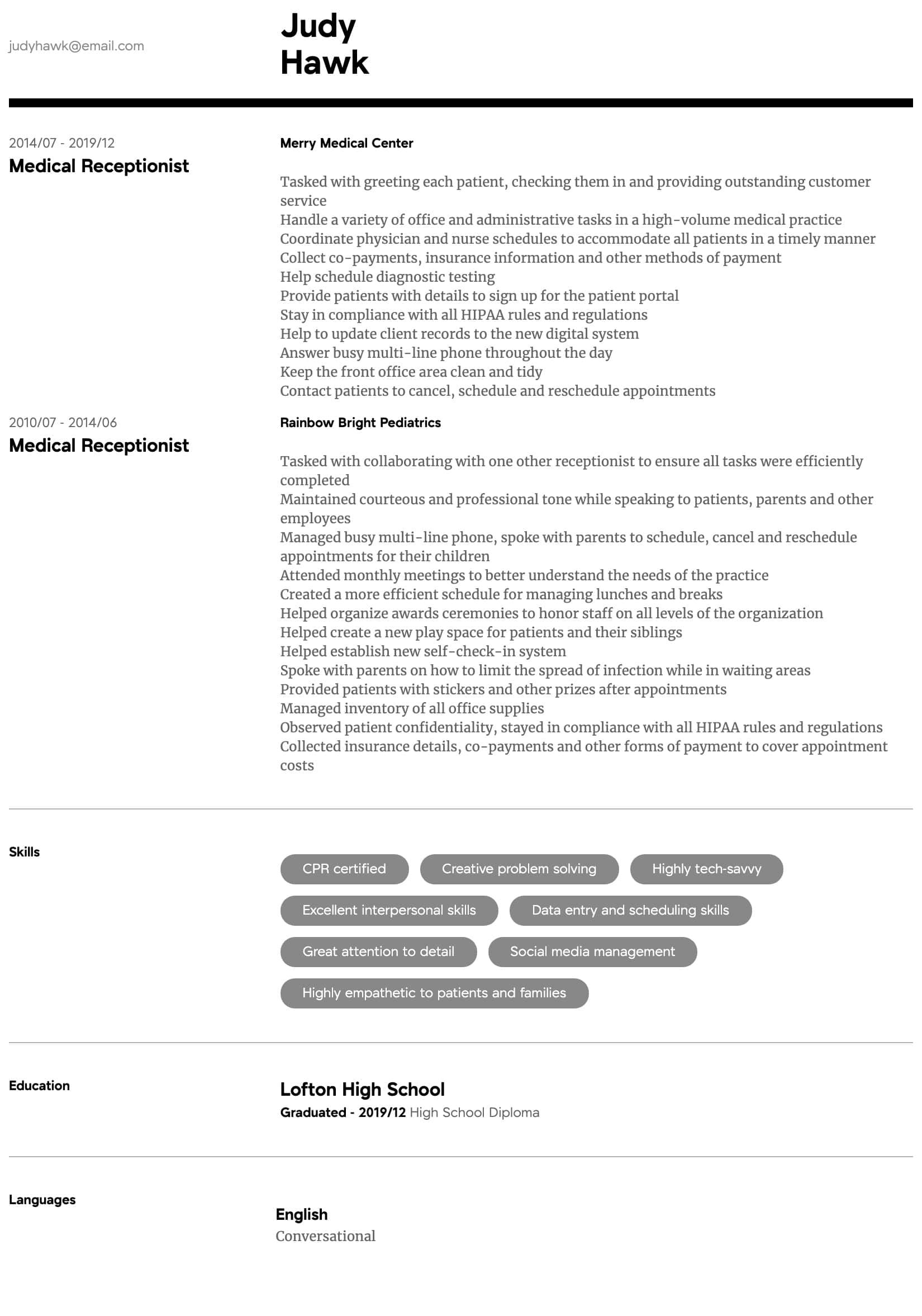 Entry Level Medical Receptionist Resume Sample Medical Receptionist Resume Samples