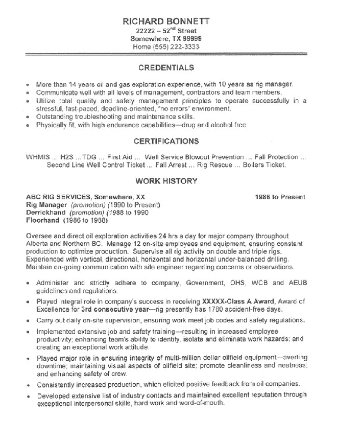 Entry Level Oil Rig Resume Sample Oil Rig Manager Resume Sample All Trades Resume Writing