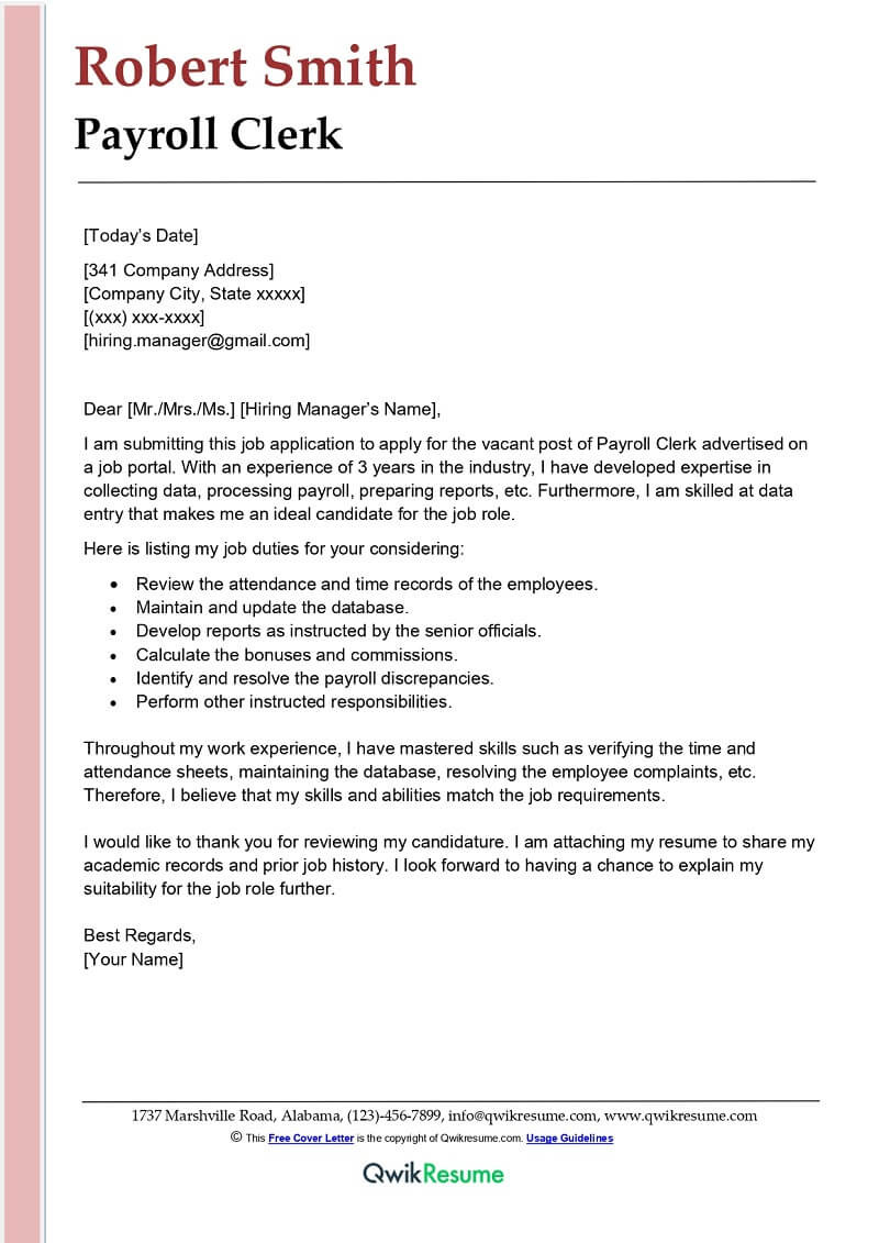 Entry Level Payroll Clerk Resume Sample Payroll Clerk Cover Letter Examples – Qwikresume