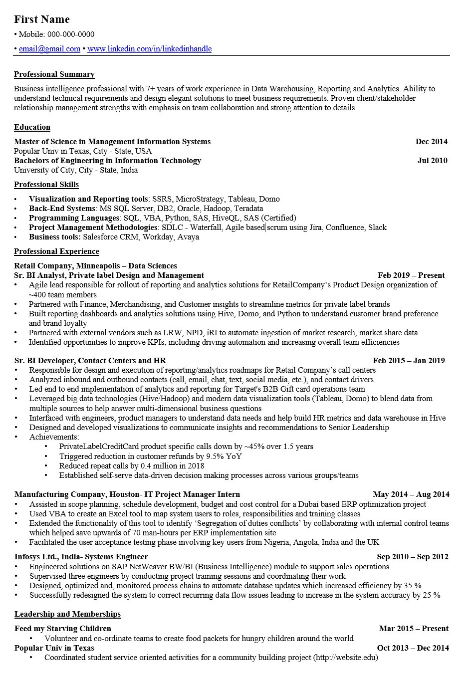 Feed My Starving Children Volunteer Resume Sample Business Intelligence Professional Looking for Resume Advice : R …