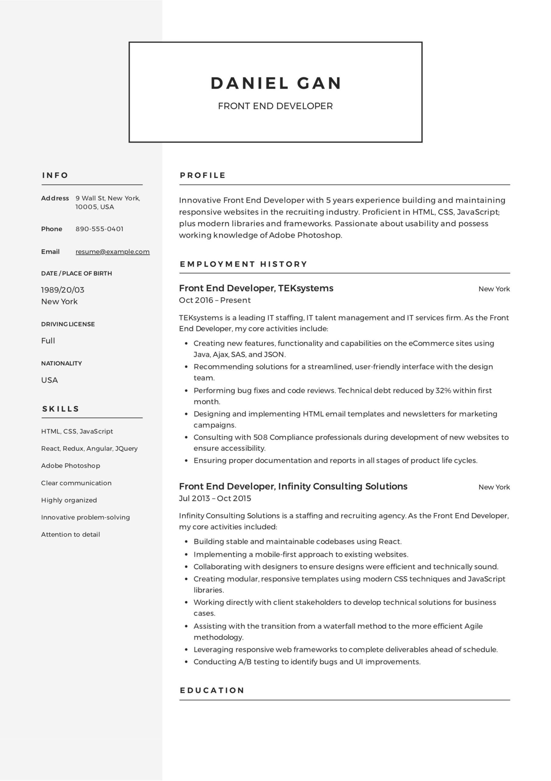 Few Lines Angular 4 Sample Resumes 17 Front-end Developer Resume Examples & Guide Pdf 2022