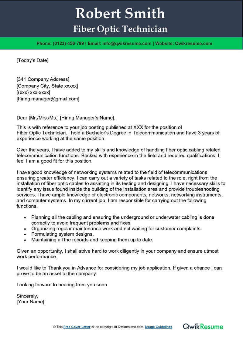 Fiber Optic Cable Technician Sample Resume Fiber Optic Technician Cover Letter Examples – Qwikresume