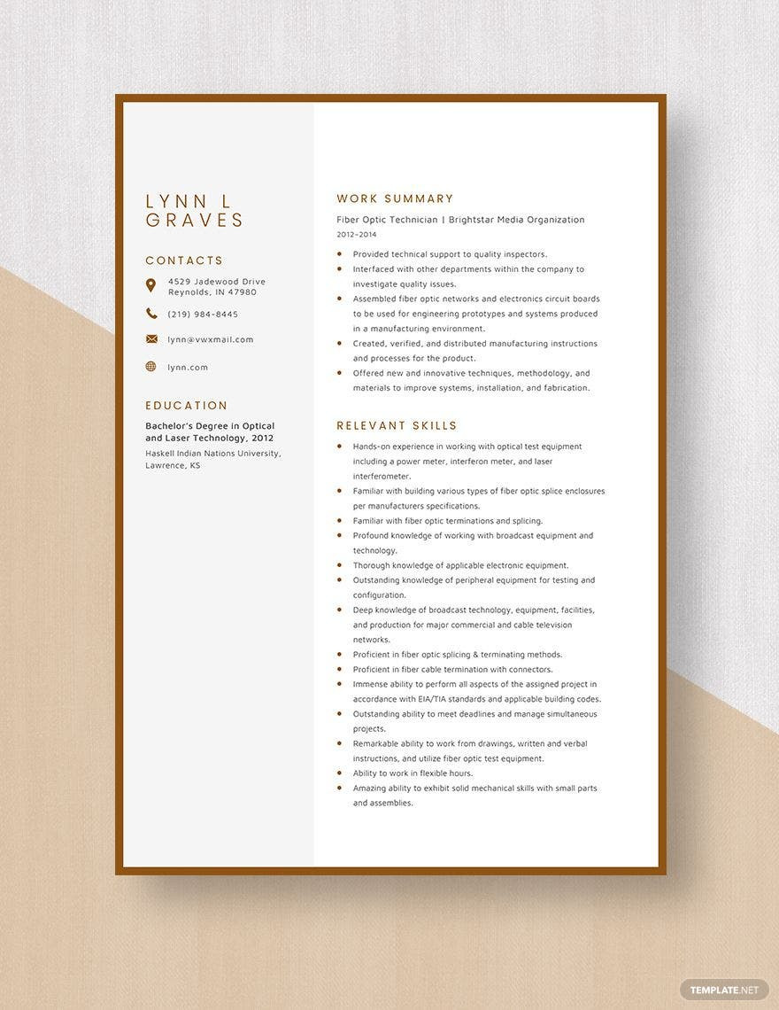 Fiber Optic Cable Technician Sample Resume Fiber Optic Technician Resume Template – Word, Apple Pages …