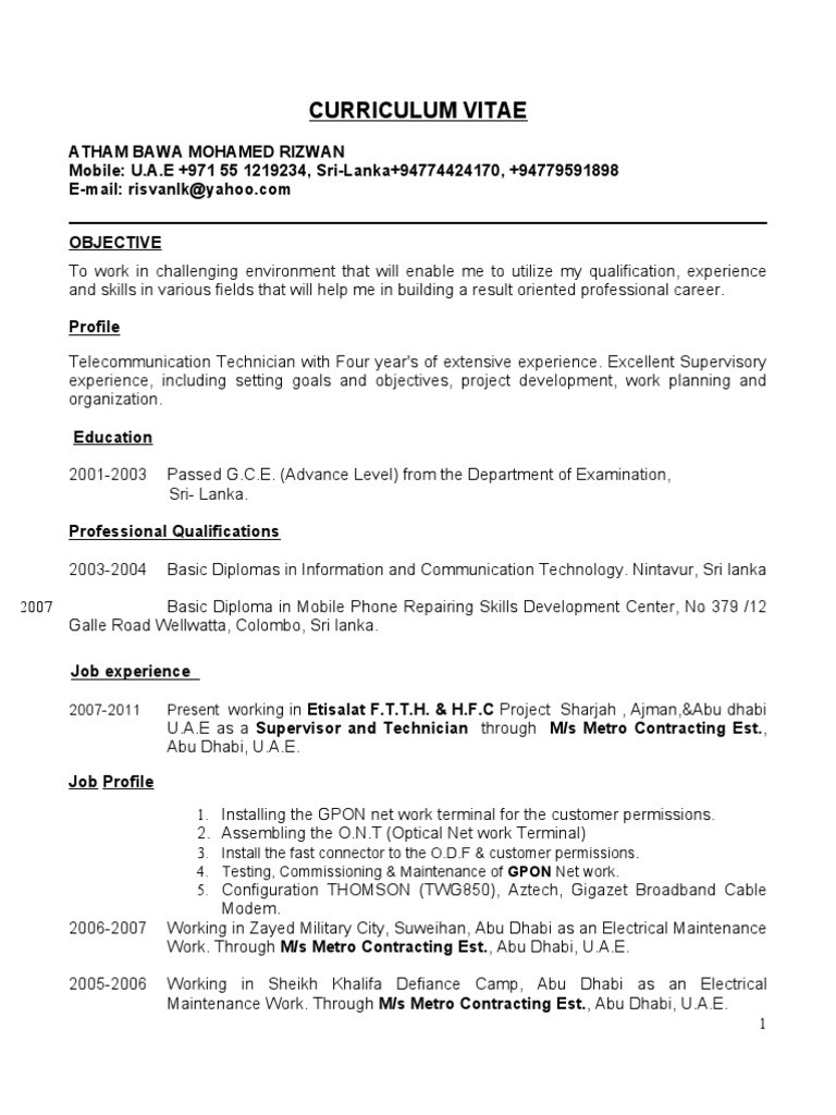 Fiber Optic Cable Technician Sample Resume Ftth Technician Cv New (upgraded) Pdf United Arab Emirates …