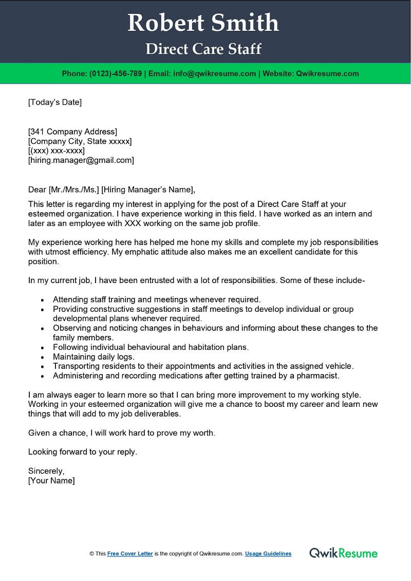 Free Sample Of Direct Care Worker Resume Direct Care Staff Cover Letter Examples – Qwikresume