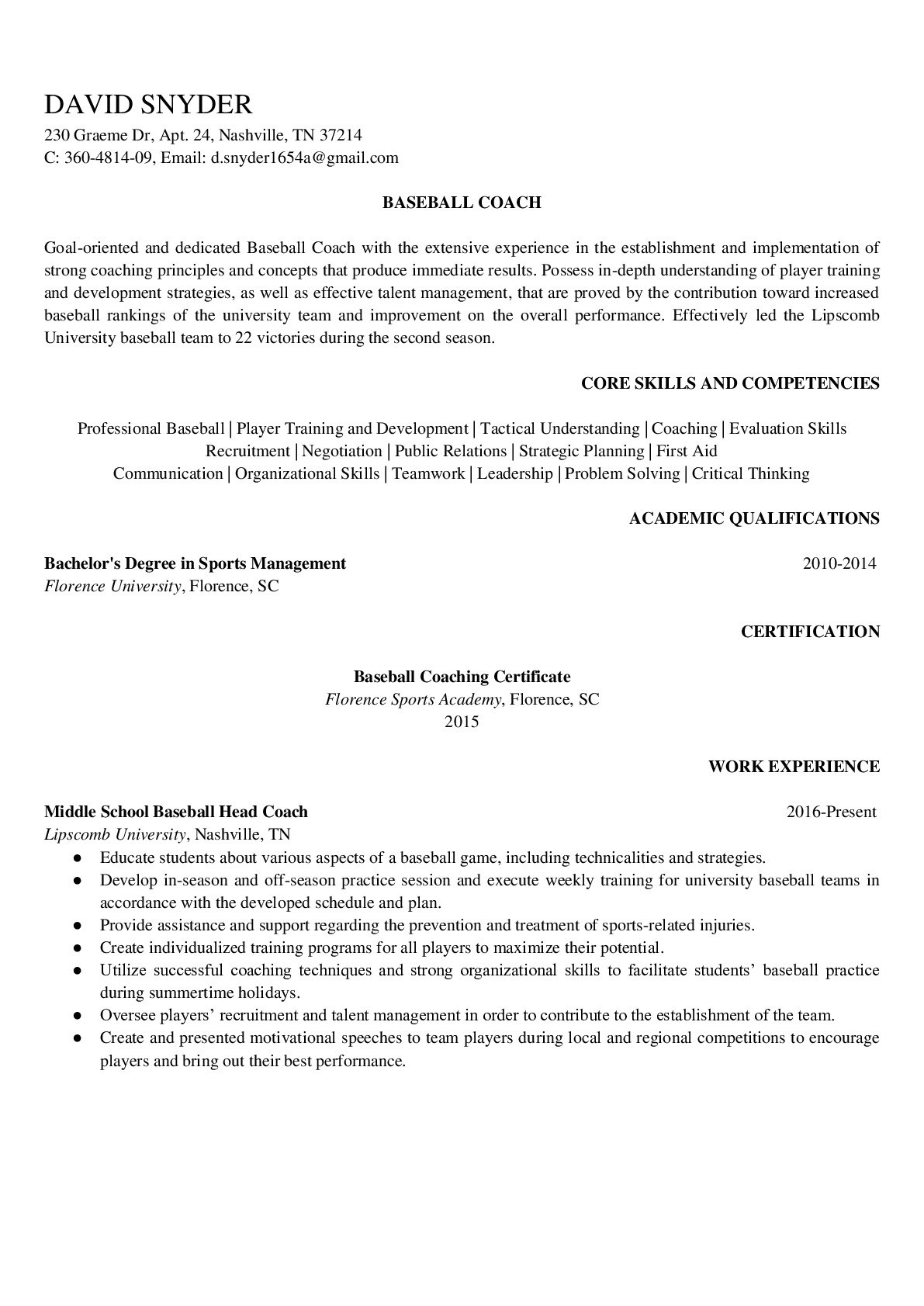 High School Baseball Coach Resume Sample Baseball Coach Resume Examples Resumegets.com