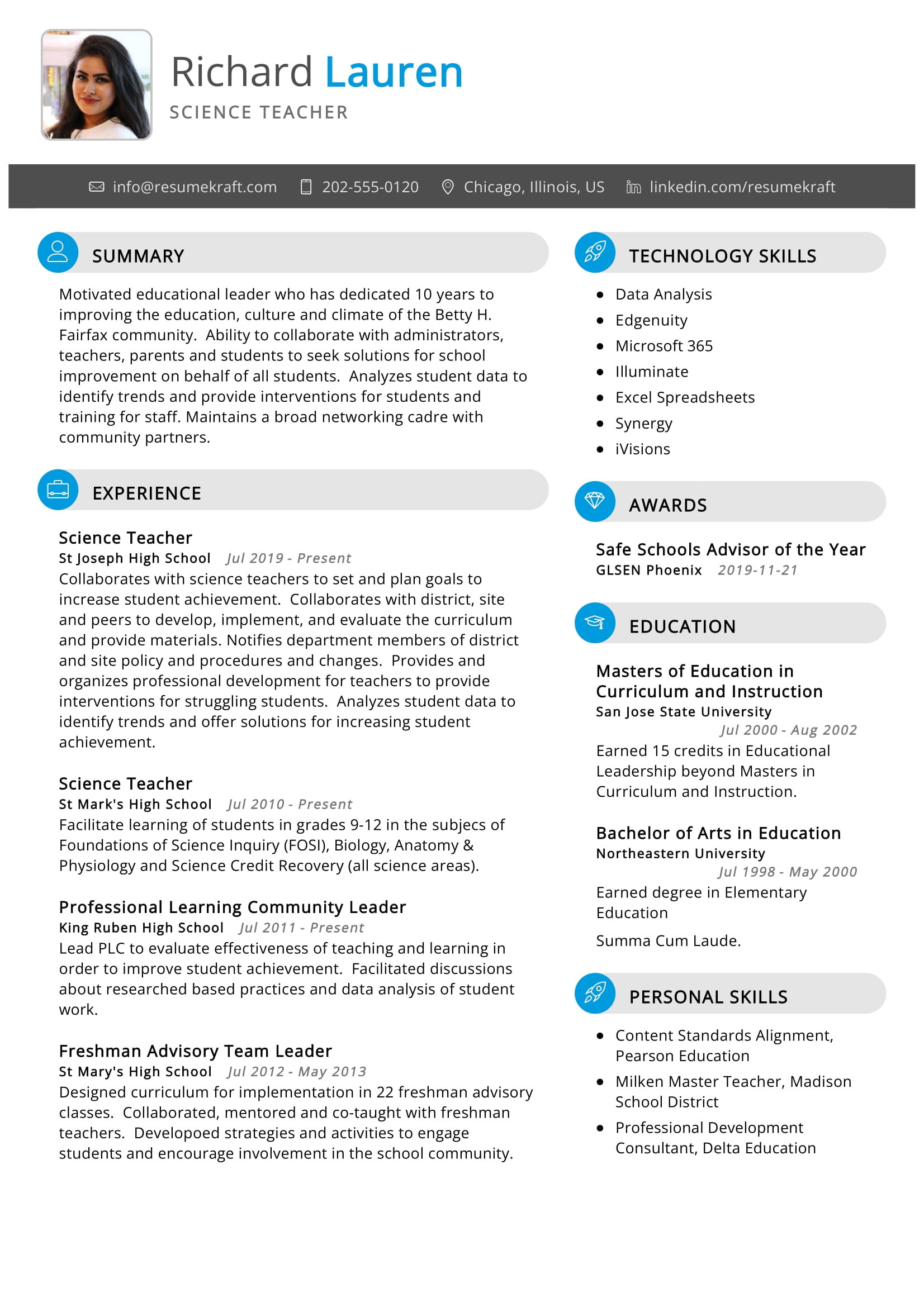 High School Biology Teacher Resume Sample Science Teacher Resume Example 2022 Writing Tips – Resumekraft