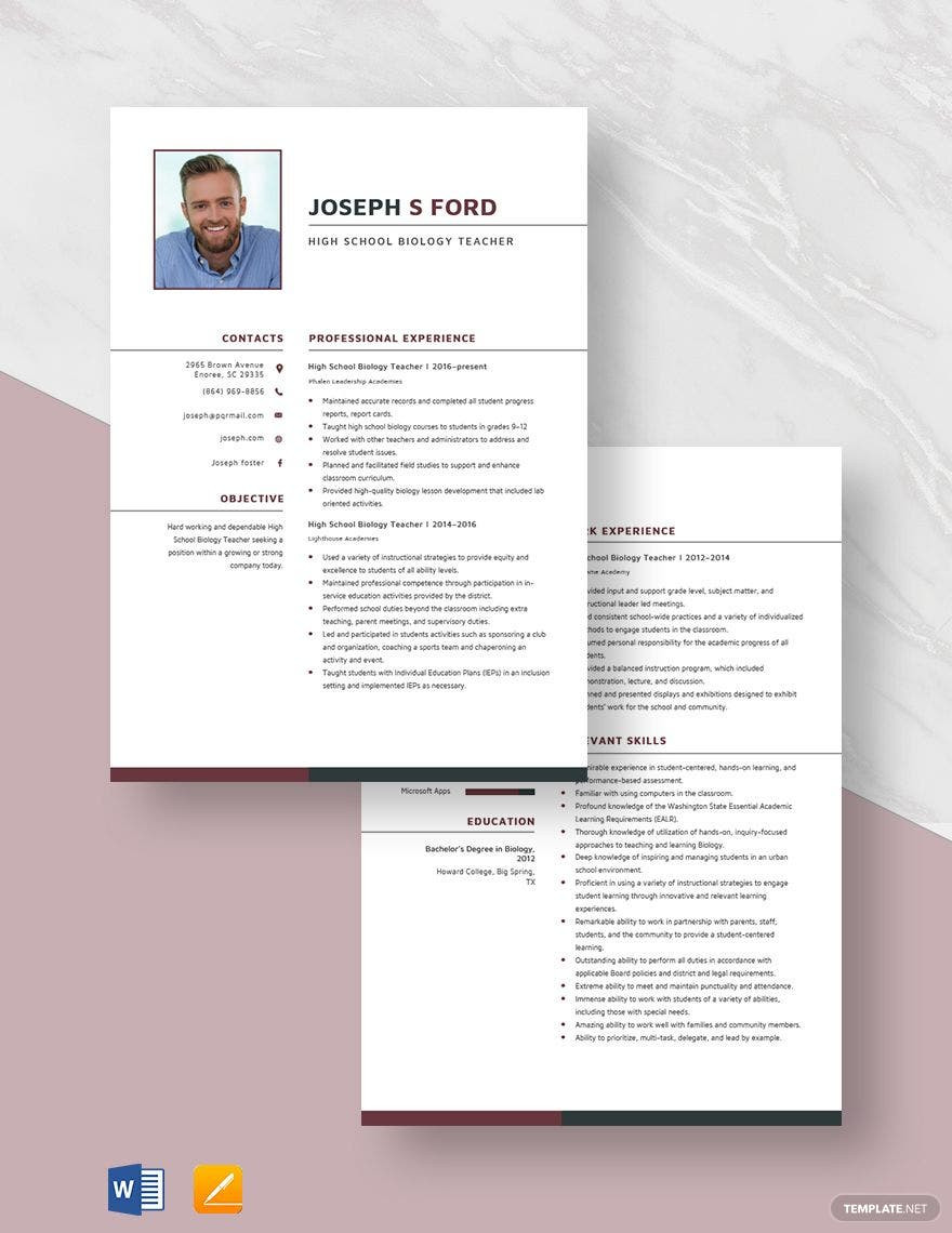 High School Biology Teacher Resume Samples High School Biology Teacher Resume Template – Word, Apple Pages …