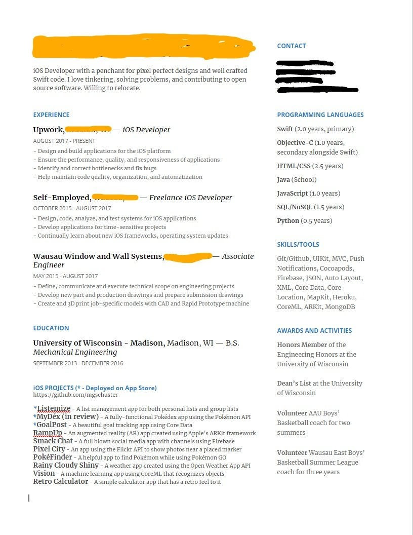 Junior Ios Developer Resume Sample Reddit Mechanical Engineer to Ios Developer In 8 Months. Thank You! : R …
