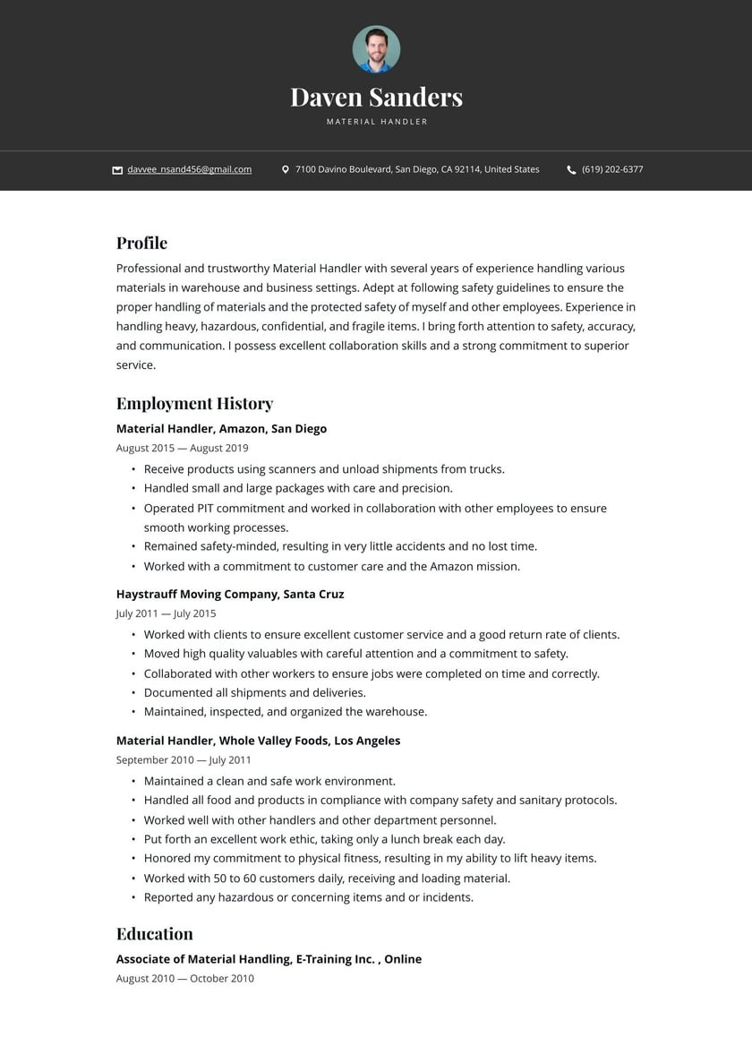 Material Handler 1 Production assistant Sample Resumes Material Handler Resume Example & Writing Guide Â· Resume.io