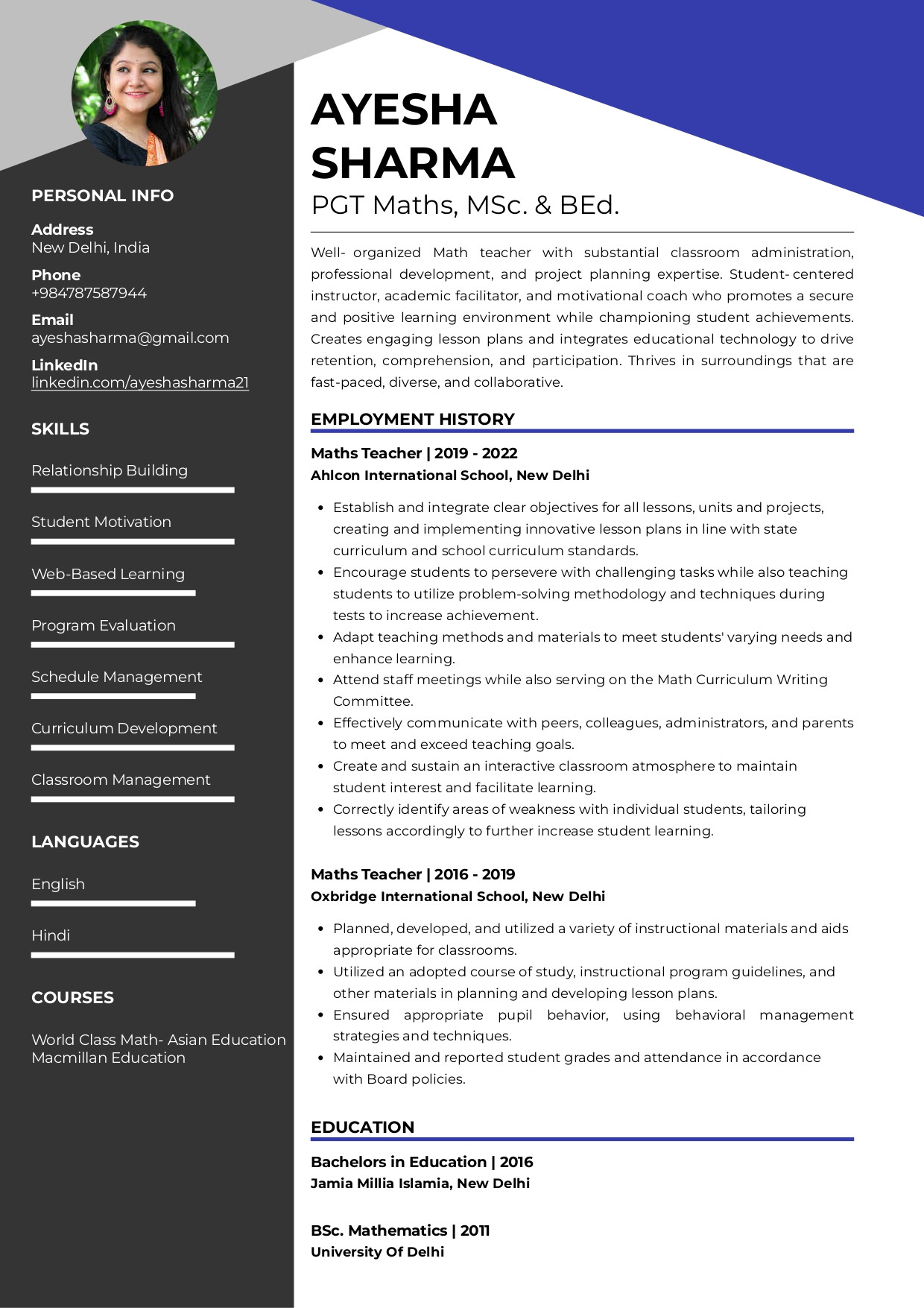 Math Teacher Resume Sample In India Sample Resume Of Maths Teacher with Template & Writing Guide …