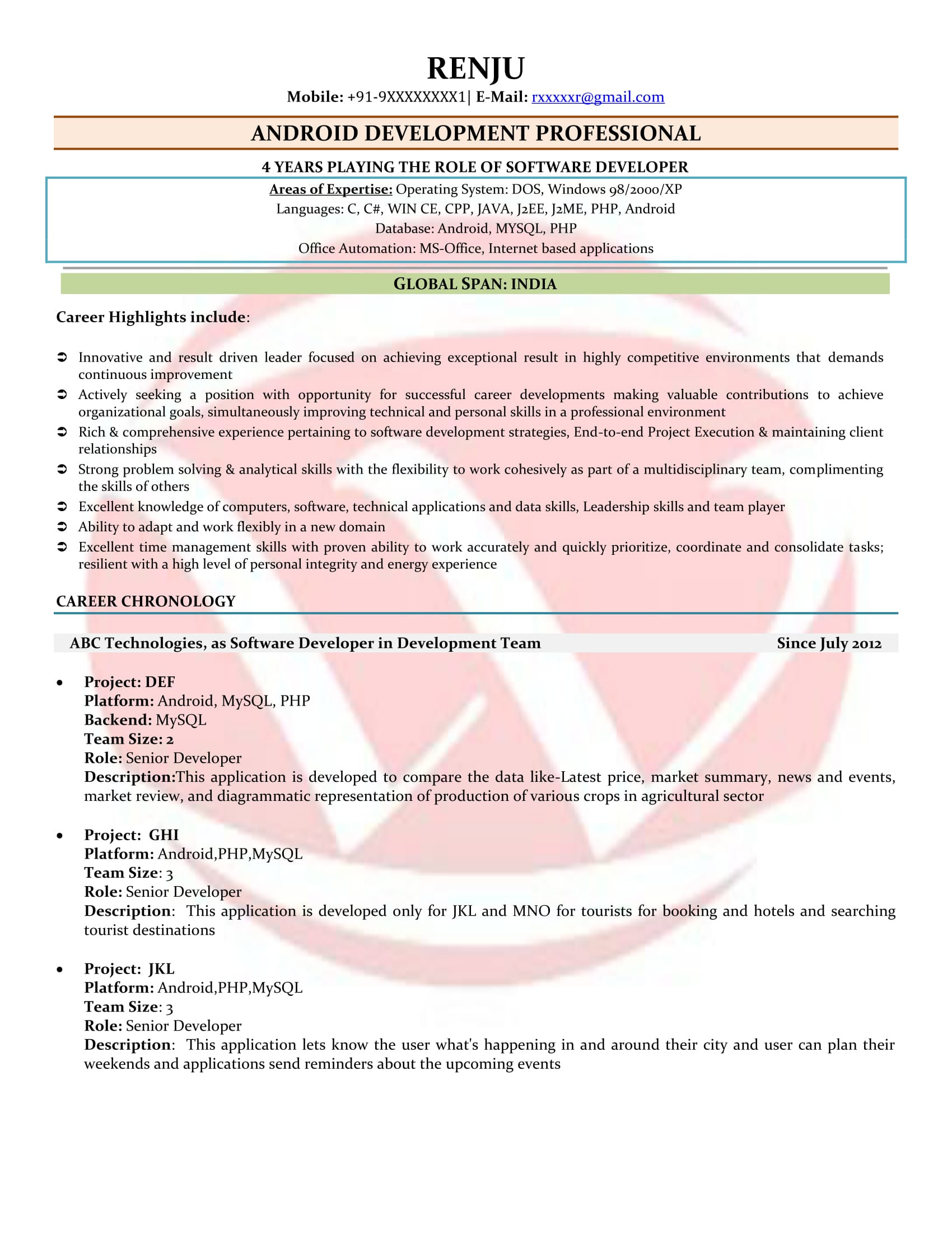Net Developer with Health Care Domain Sample Resume android Developer Sample Resumes, Download Resume format Templates!