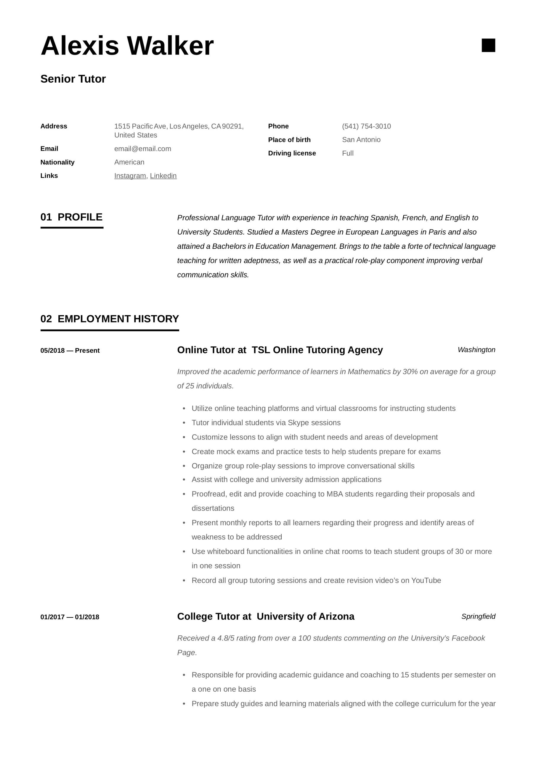 Private Tutor Sample Resume Core Qualifications Tutor Resume & Writing Guide  12 Resume Examples 2019