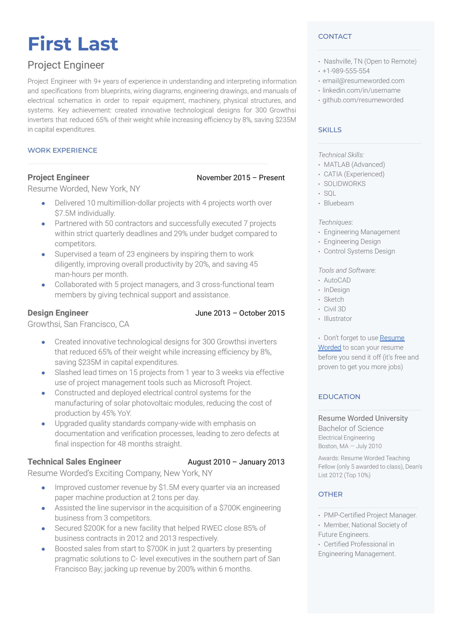 Pro E Design Engineer Resume Samples 4 Project Engineer Resume Examples for 2022 Resume Worded Pro E Design Engineer Resume Samples 4 Project Engineer Resume Examples for 2022 Resume Worded