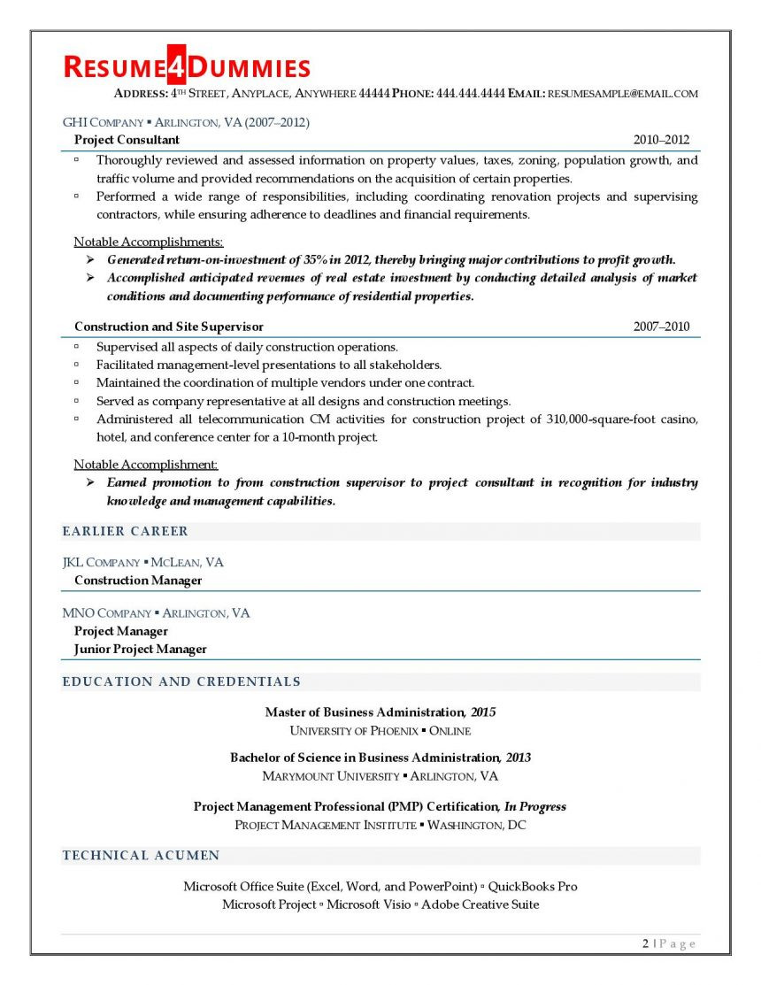 Real Estate Project Manager Resume Sample Construction Project Manager Resume Example Resume4dummies