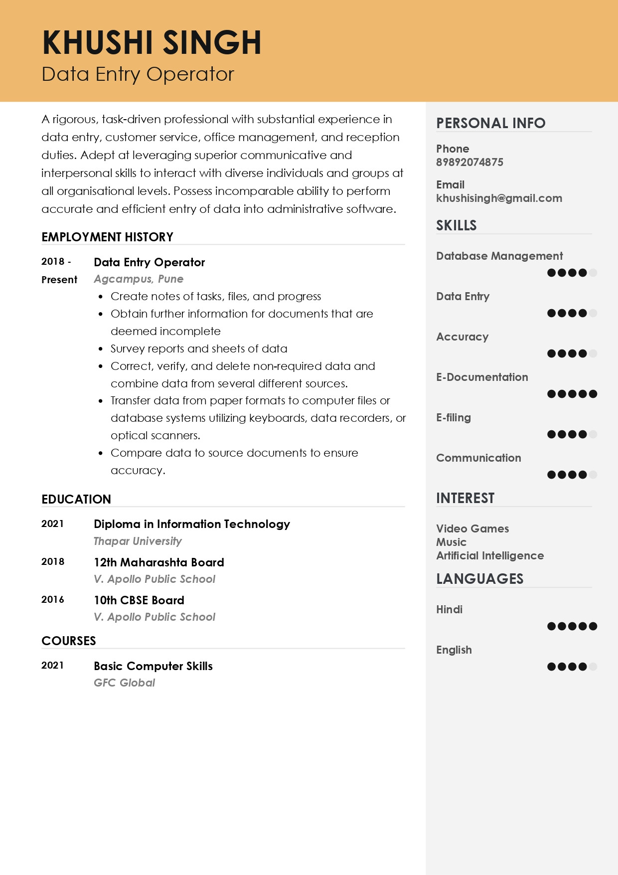 Resume for Computer Job Sample format Sample Resume Of Data Entry Operator with Template & Writing Guide …