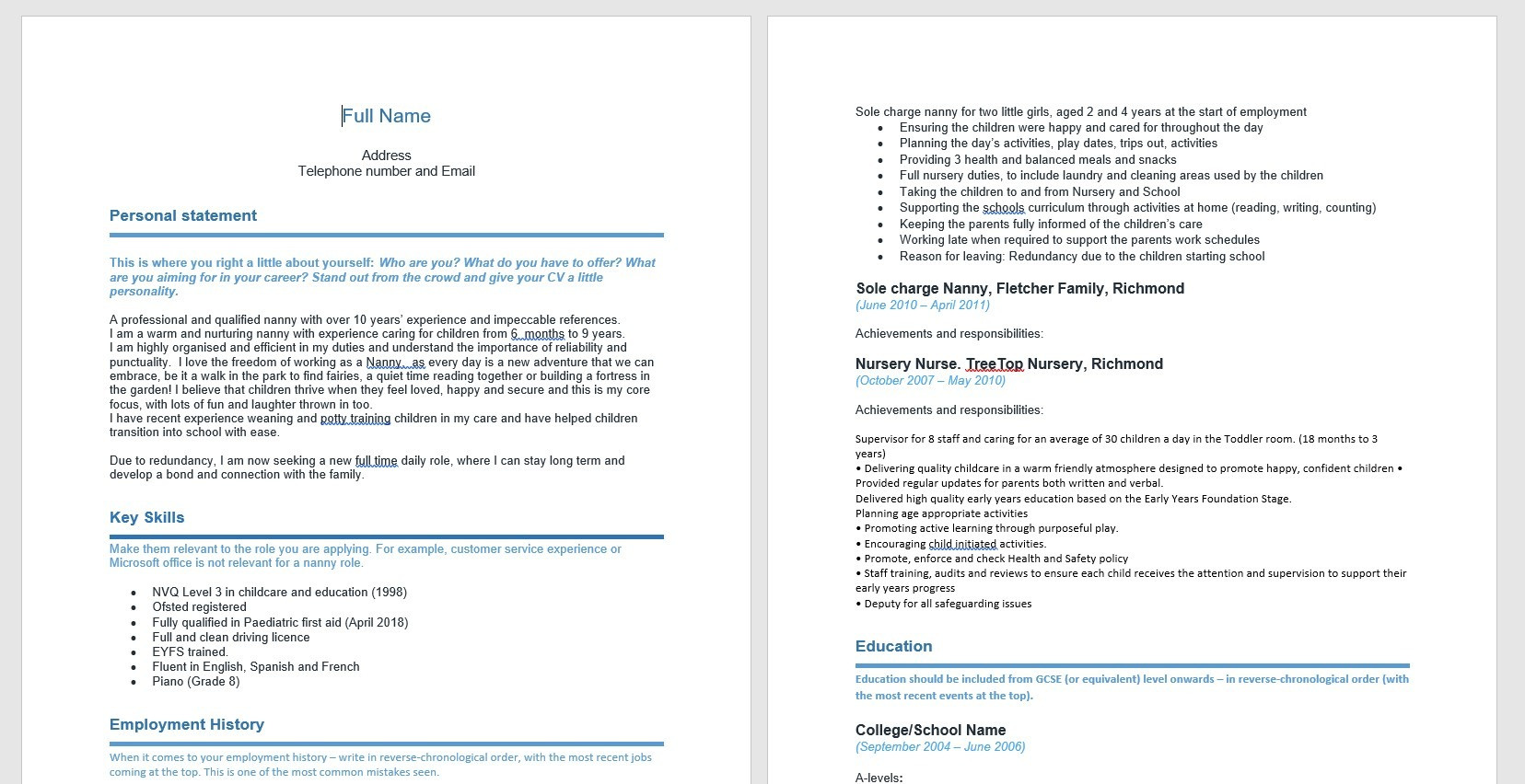 Resume Sample for A Nanny Housekeeper Cv’s for Nannies, Made Easy…. Our Handy Nanny Cv Template …