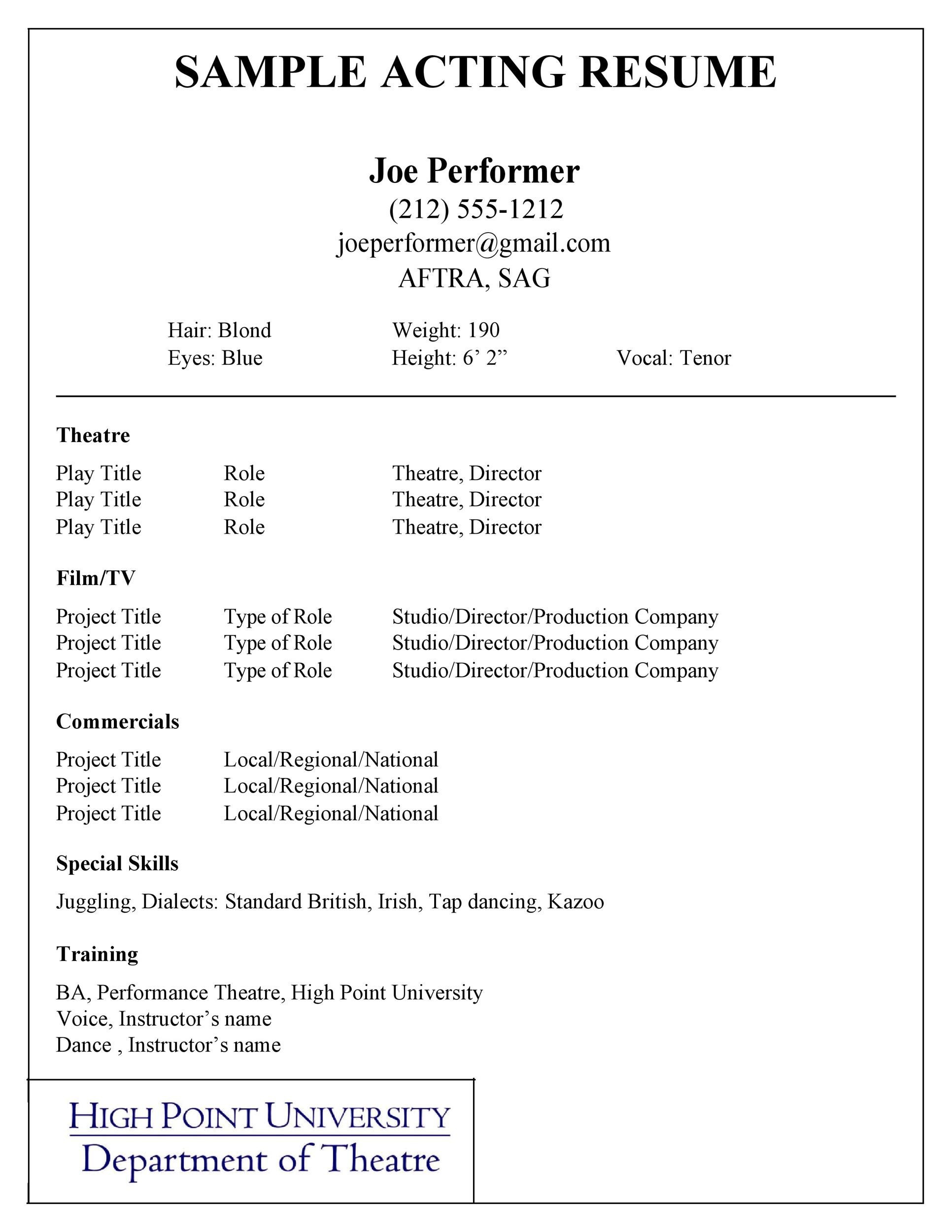 Resume Sample for Rockefeller University Job 50 Free Acting Resume Templates (word & Google Docs) á Templatelab