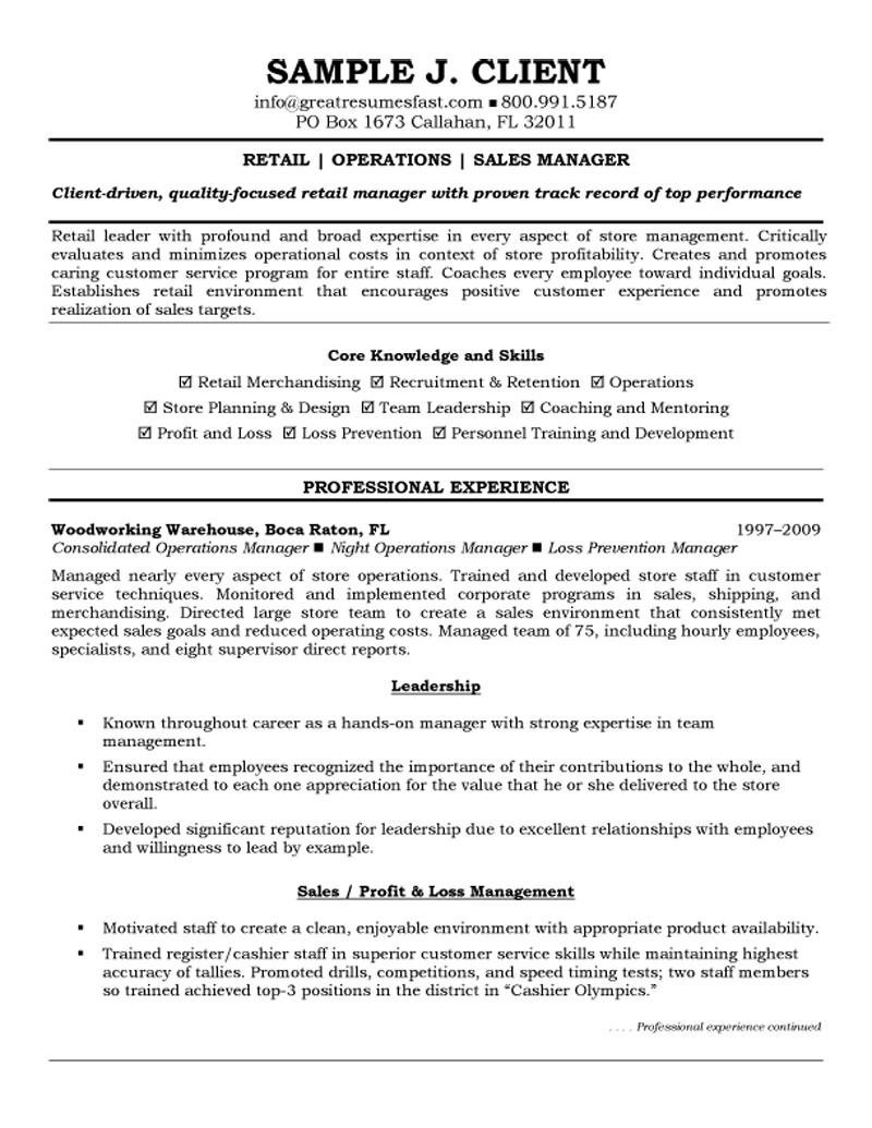 Resume Sample for Sales Supervisor Retail Retail, Operations and Sales Manager Resume
