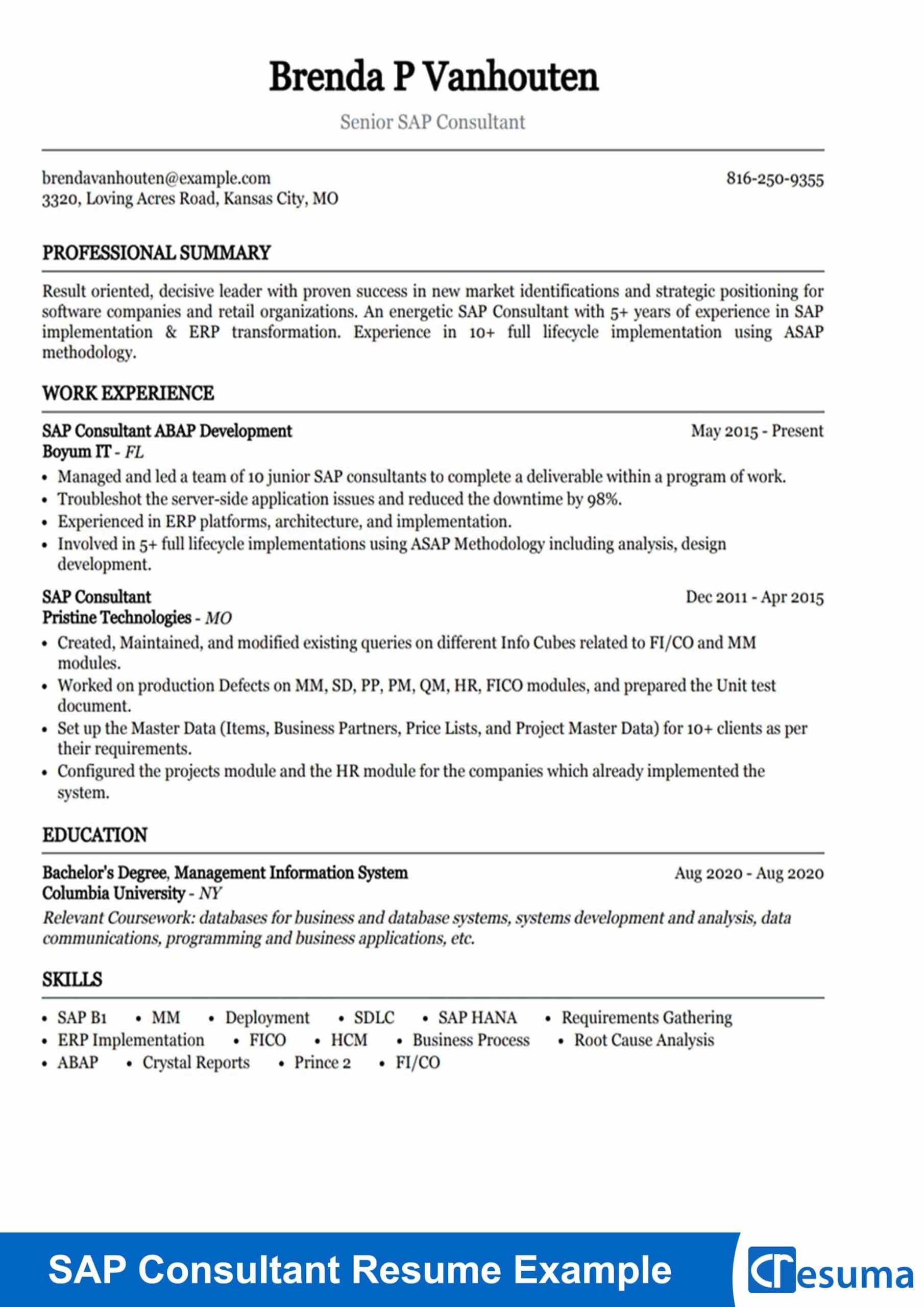 Resume Sample for Sap Mm Consultant Sap Consultant Resume Example