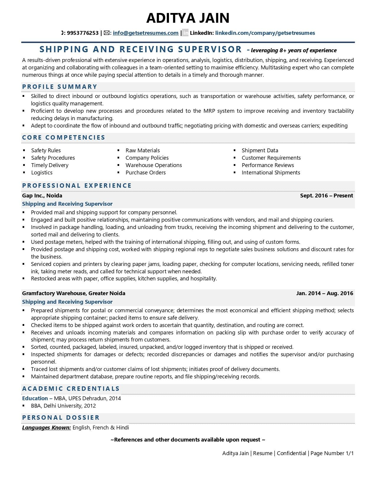 Resume Sample for Shipping and Receiving Manager Shipping and Receiving Supervisor Resume Examples & Template (with …