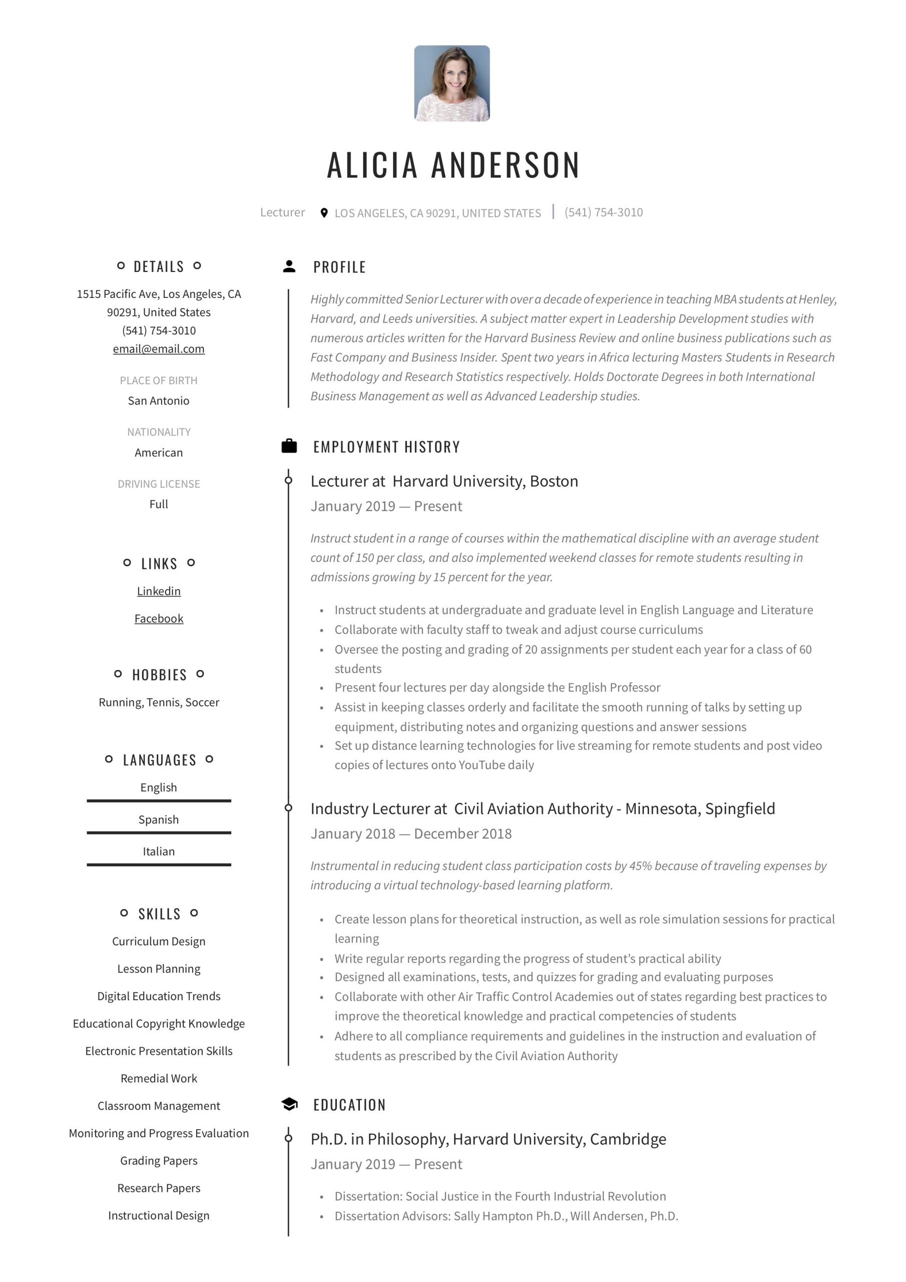 Resume Samples for Academic Positions In Education Lecturer Resume & Writing Guide  18 Free Examples 2020