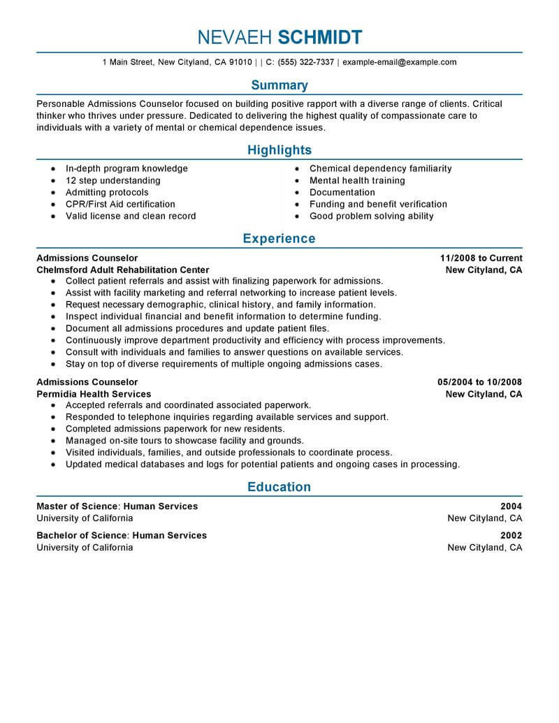 Resume Samples for An Admissions Counselor Best Admissions Counselor Resume Example From Professional Resume …