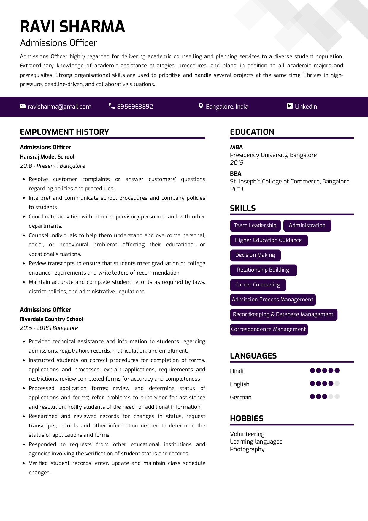 Resume Samples for An Admissions Counselor Sample Resume Of Admissions Officer with Template & Writing Guide …