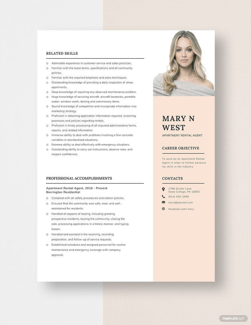 Resume Samples for Apartment Leasing Agent Apartment Rental Agent Resume Template – Word, Apple Pages …
