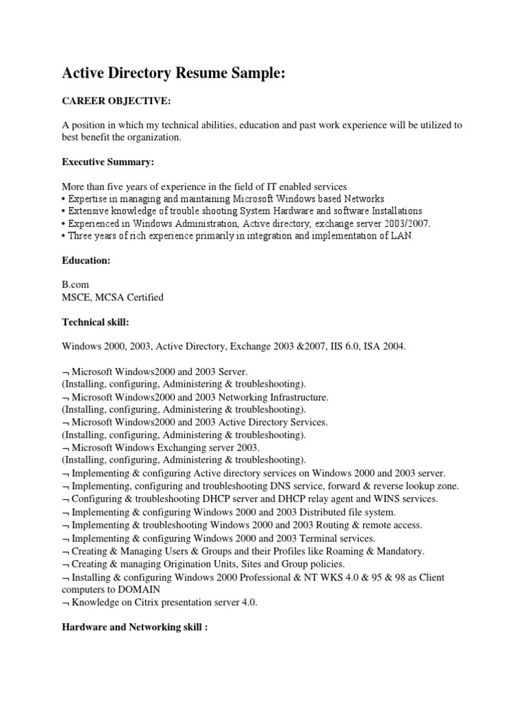 Resume Samples It Workign Knowledge Of Active Directory Active Directory Resume Sample Pdf Windows 2000 Active Directory