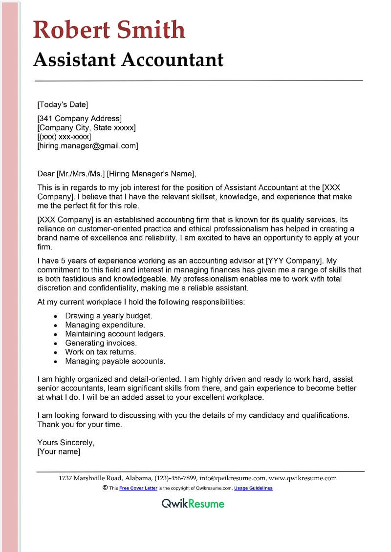 Sample Cover Letter and Resume for Accountant assistant Accountant Cover Letter Examples – Qwikresume