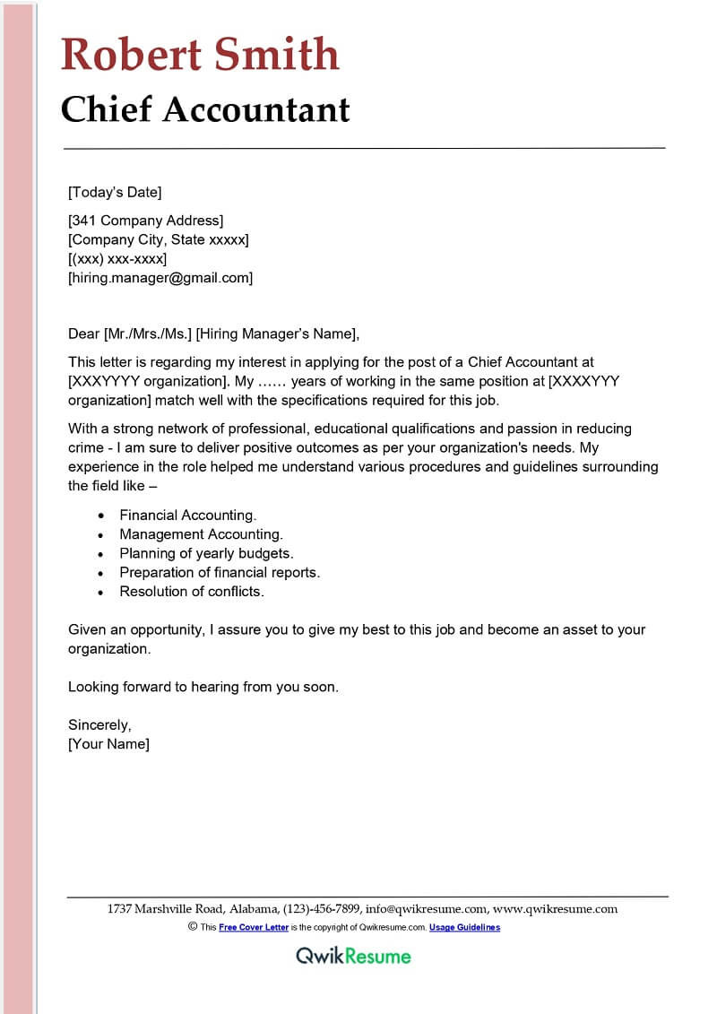 Sample Cover Letter and Resume for Accountant Chief Accountant Cover Letter Examples – Qwikresume