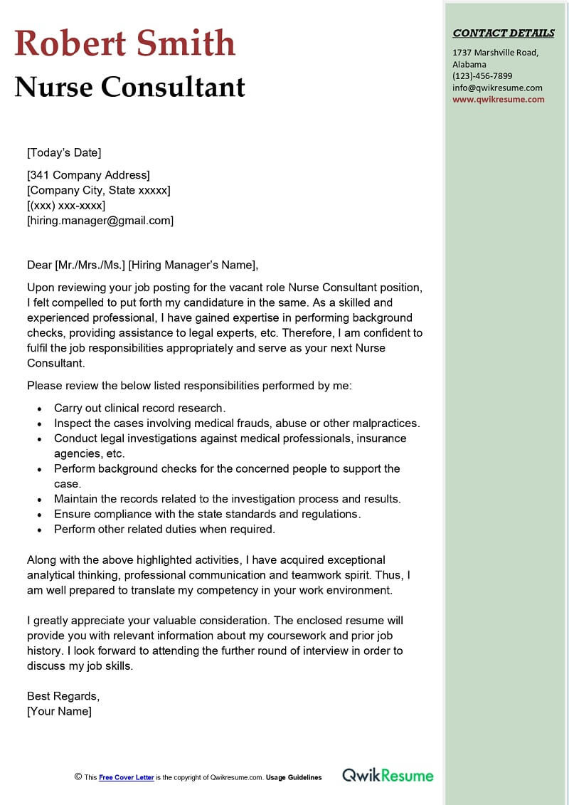 Sample Cover Letter and Resume for Nurses Nurse Consultant Cover Letter Examples – Qwikresume