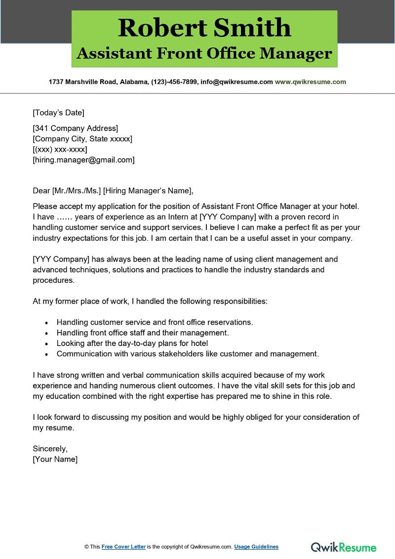 Sample Email for Office Manager with Resume assistant Front Office Manager Cover Letter Examples – Qwikresume