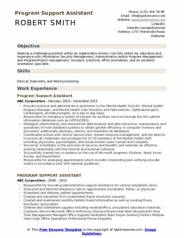 Sample Federal Resume Program Support assistant Program Support assistant Resume Samples