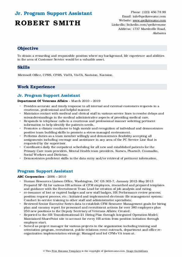 Sample Federal Resume Program Support assistant Program Support assistant Resume Samples