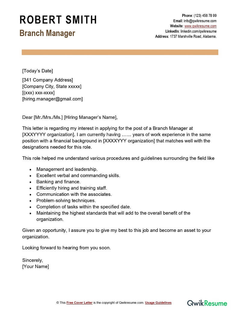 Sample Manager Cover Letter for Resume Branch Manager Cover Letter Examples – Qwikresume