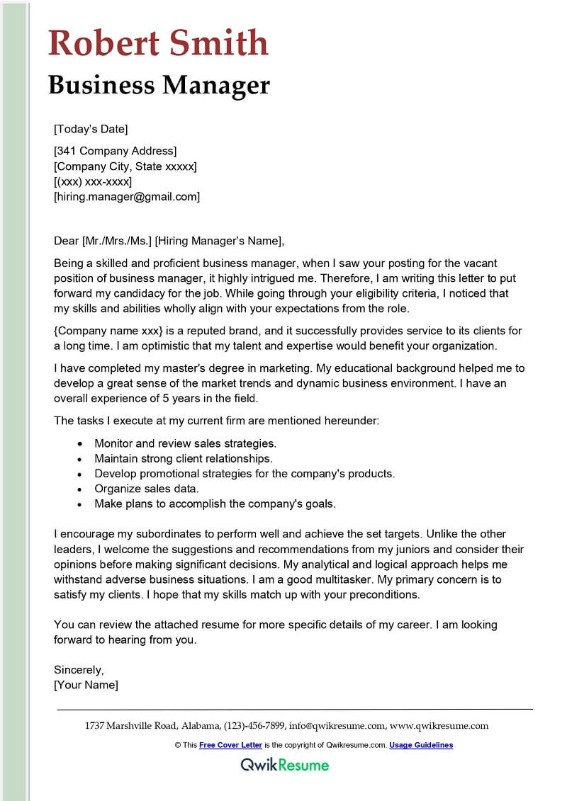 Sample Manager Cover Letter for Resume Business Manager Cover Letter Examples – Qwikresume