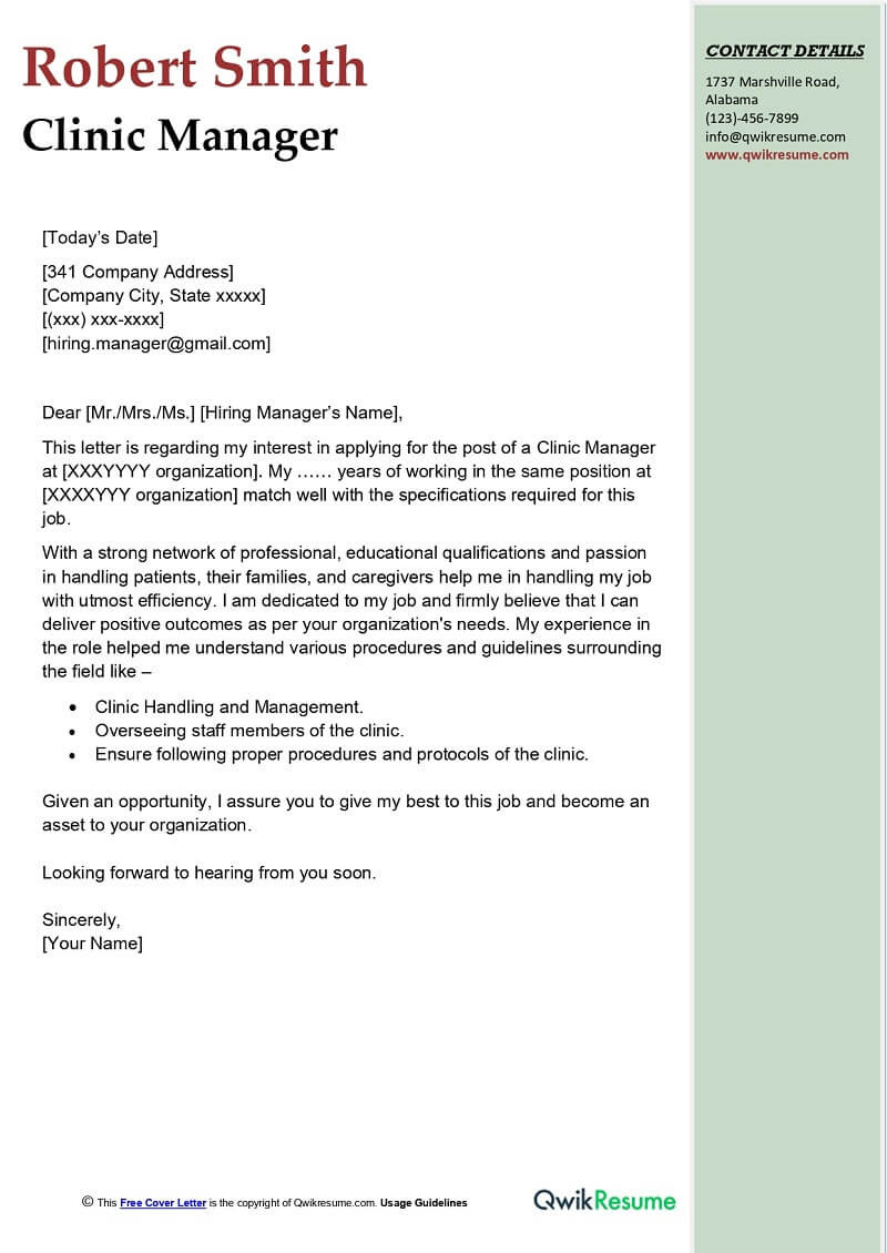 Sample Manager Cover Letter for Resume Clinic Manager Cover Letter Examples – Qwikresume