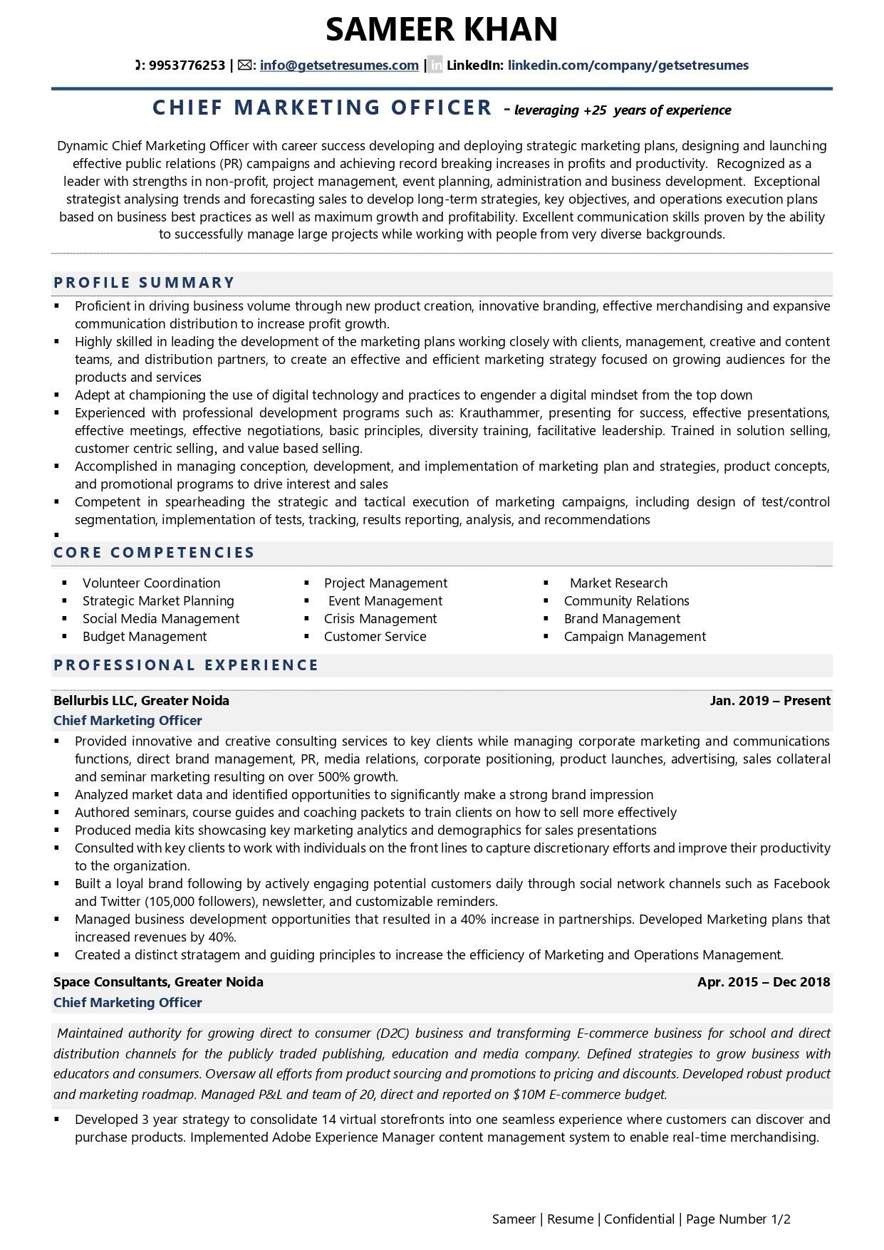 Sample Marketing Executive Resume with Community Involvement Chief Marketing Officer Resume Examples & Template (with Job …