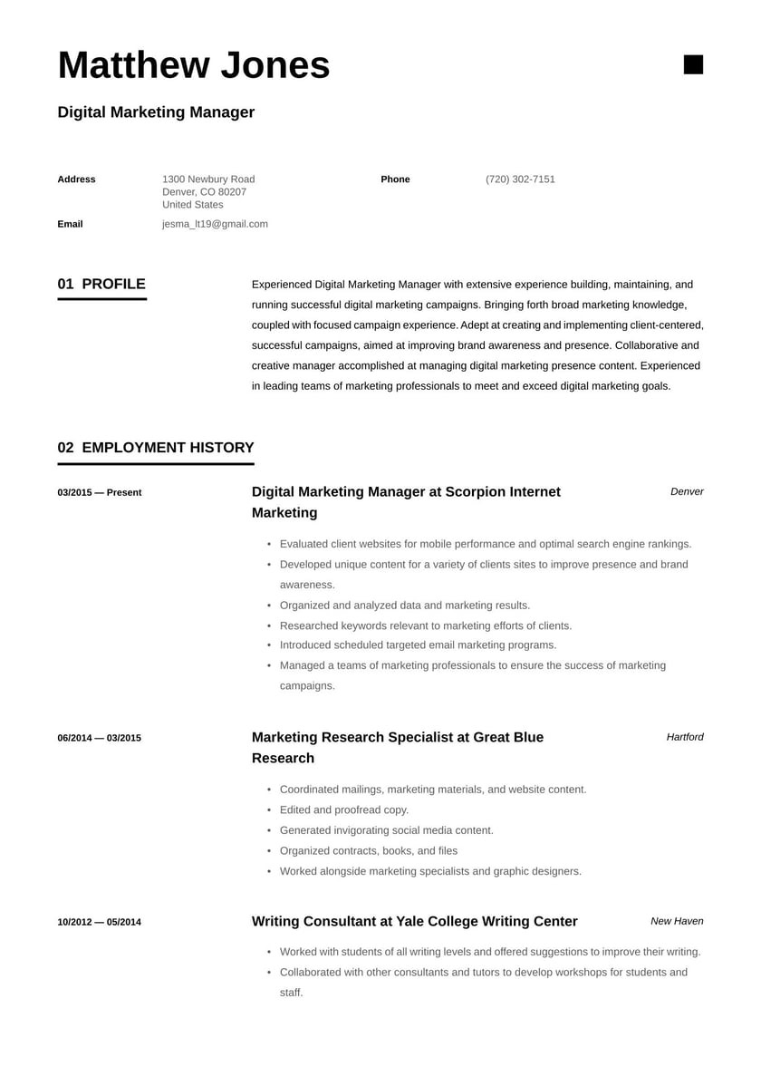 Sample Marketing Resume 1 Year Experience Digital Marketing Manager Resume Example & Writing Guide Â· Resume.io