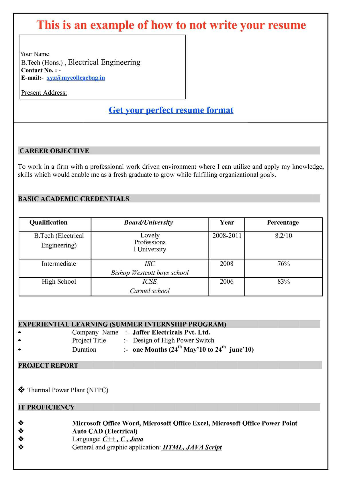 Sample Of Fresh Graduate Electrical Engineer Resume CalamÃ©o – Samples Resume for Freshers Engineers Pdf