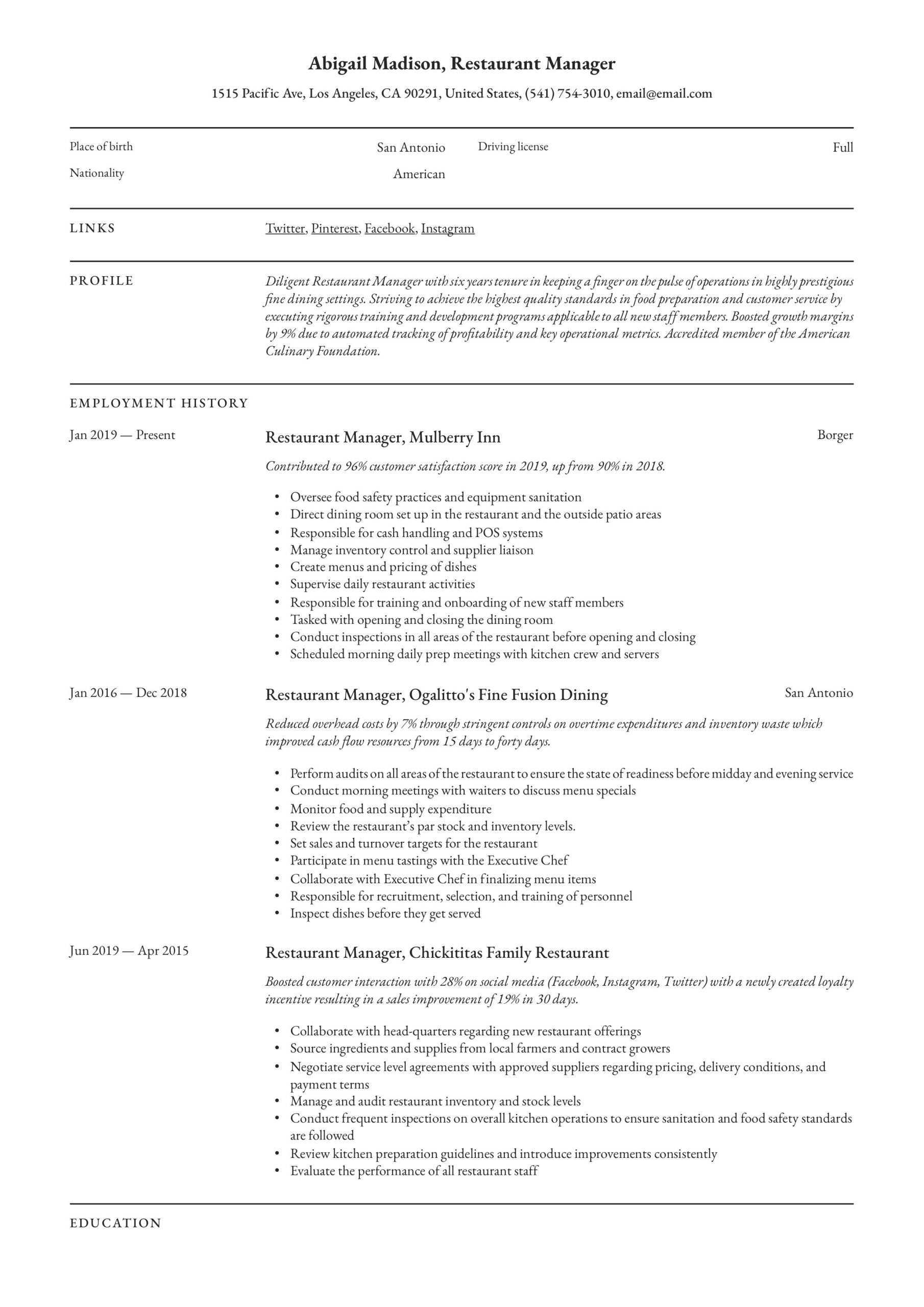 Sample Of Resume for Restaurant Store Manager Restaurant Manager Resume & Writing Guide  12 Examples 2020
