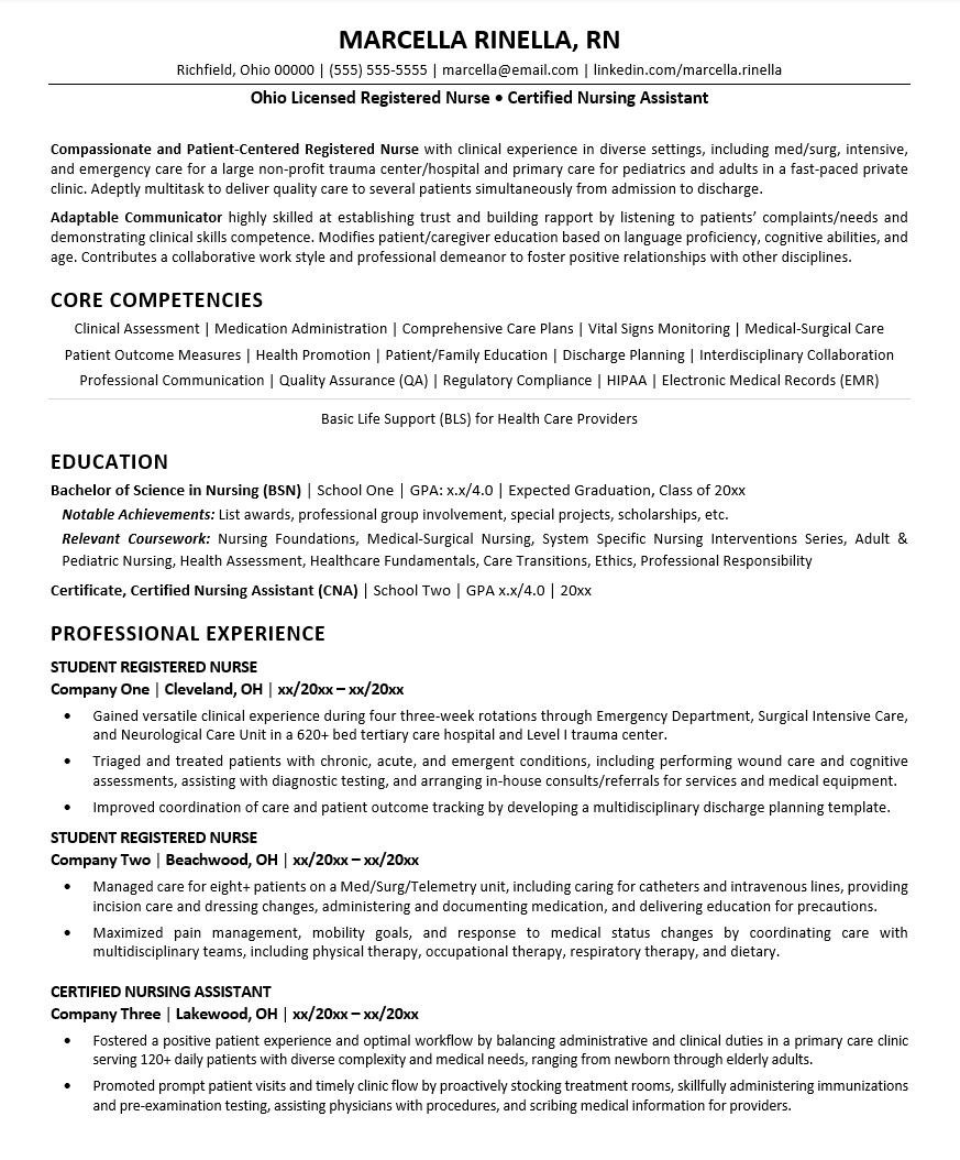 Sample Of Resume for Rn Bsn New Grad Nursing Resume Sample Monster.com