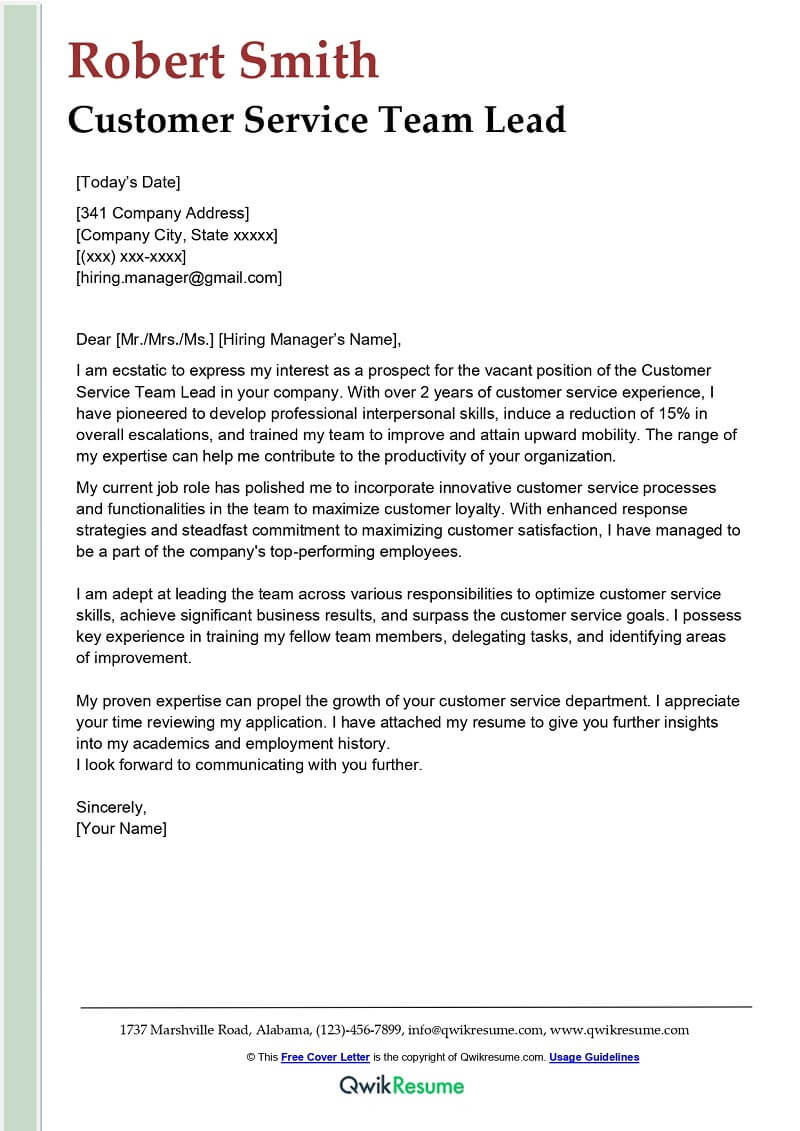 Sample Resume Customer Service Team Leader Customer Service Team Lead Cover Letter Examples – Qwikresume