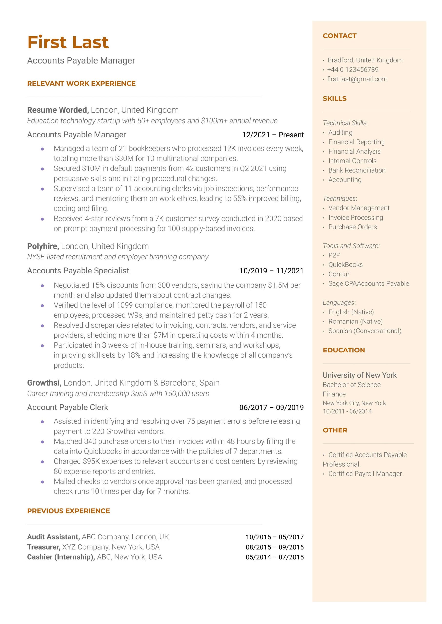 Sample Resume for A P Clerk 4 Accounts Payable Resume Examples for 2022 Resume Worded